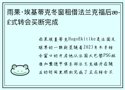 雨果·埃基蒂克冬窗租借法兰克福后正式转会买断完成